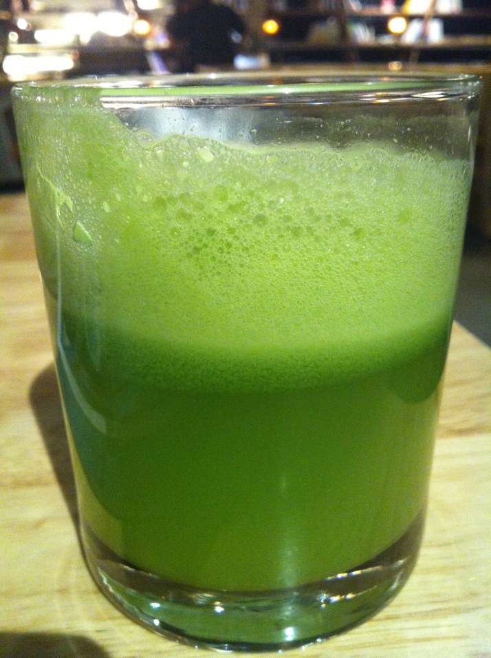 Green apple juice, with a shot of wheatgrass, at Real Food
